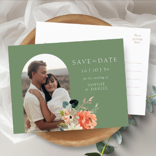 Sage   Floral Boho Arch Wedding Save The Date  Announcement Postcard