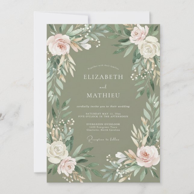 Sage Floral Border Wedding Invitation (Front)