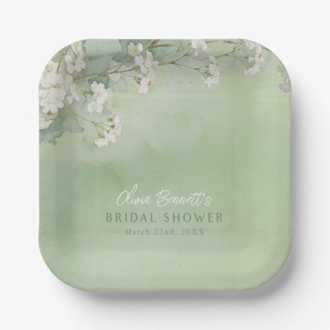 Sage Floral Bridal Shower Paper Plates (Front)
