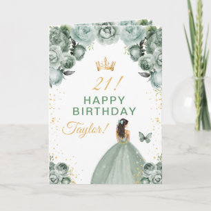 Sage Floral Brunette Hair Girl Happy Birthday Card