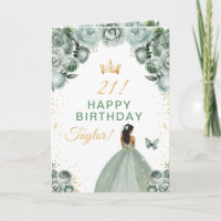 Sage Floral Dark Skin Girl Happy Birthday
