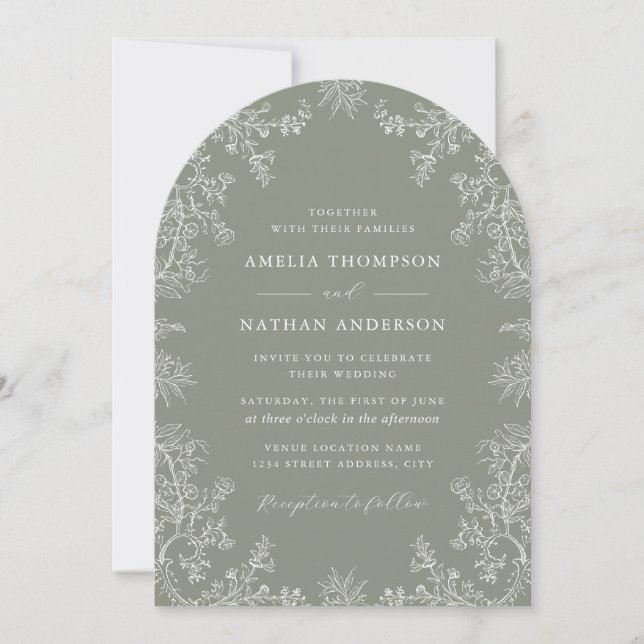Sage Floral Elegant Wedding Arch  Invitation (Front)