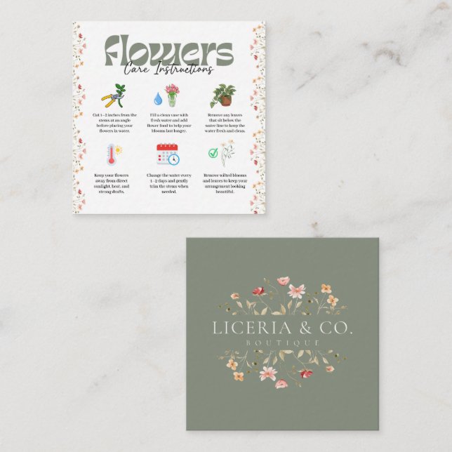Sage Floral Flower Care Instructions Card (Front/Back)