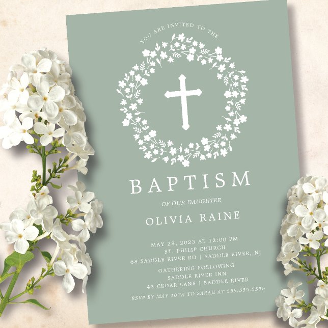 Sage Floral Girls Baptism Invitation (Creator Uploaded)