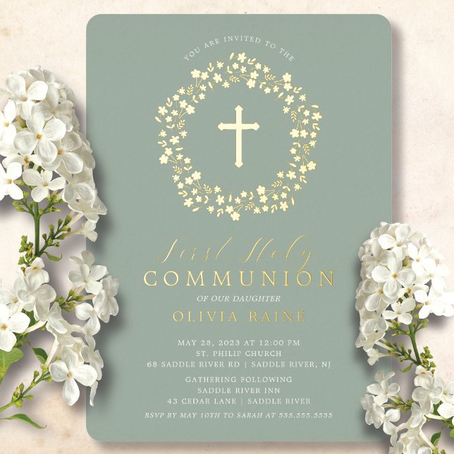 Sage Floral Girls First Communion Foil Invitation (Creator Uploaded)