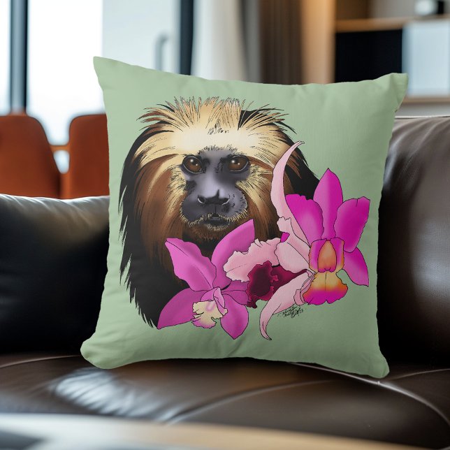 Sage Floral Golden-Headed Lion Tamarin Monkey Cushion (Creator Uploaded)