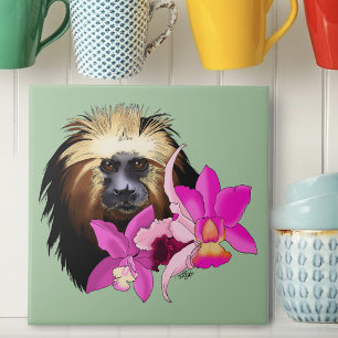 Sage Floral Golden-Headed Lion Tamarin Monkey Tile