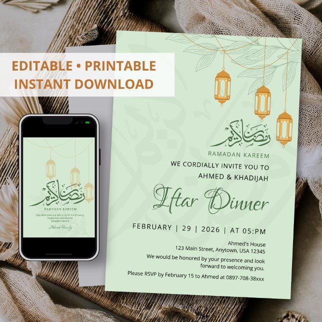 Sage Floral Hanging Lanterns Ramadan Iftar Dinner Invitation (Creator Uploaded)