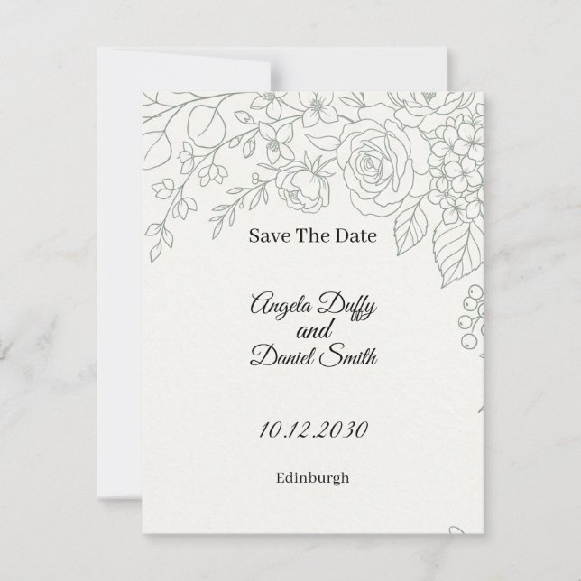 Sage Floral Line Art Save The Date Card (Front)