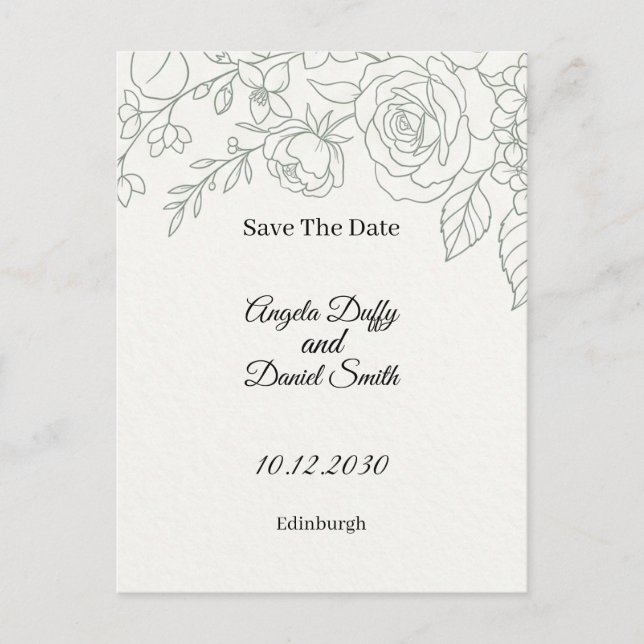 Sage Floral Line Art Save The Date Postcard (Front)