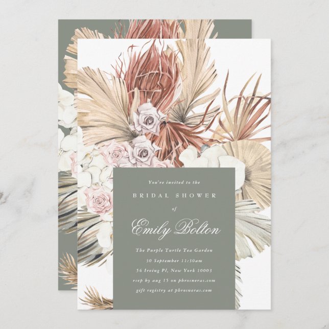 Sage Floral Moss Green Pampas Boho Bridal Shower Invitation (Front/Back)