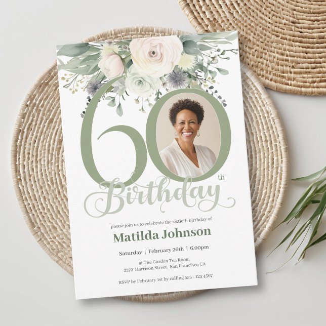 Sage Floral Photo 60th Birthday  Invitation (Sage Floral Photo 60th Birthday Invitation)