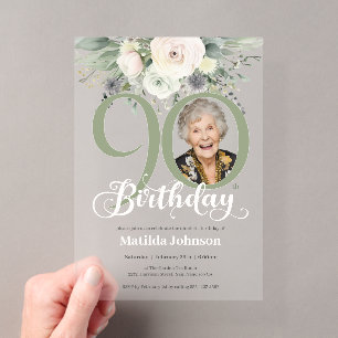 Sage Floral Photo 90th Birthday Acrylic Invitations