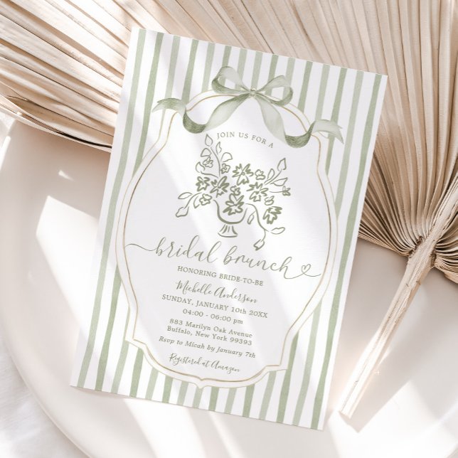 Sage Floral Stripes Bow Bridal Brunch Invitation (Creator Uploaded)