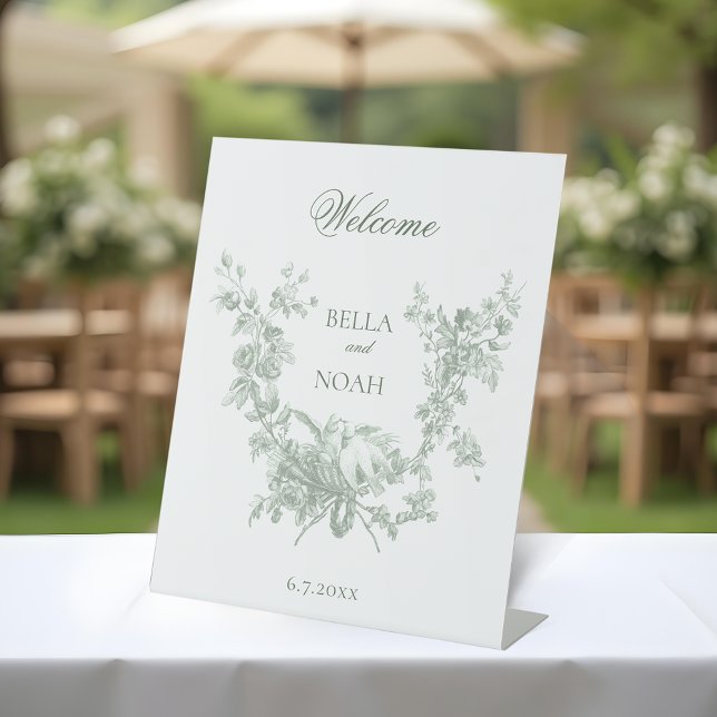 Sage Floral Wreath w/Lovebirds Wedding Welcome Pedestal Sign (Creator Uploaded)