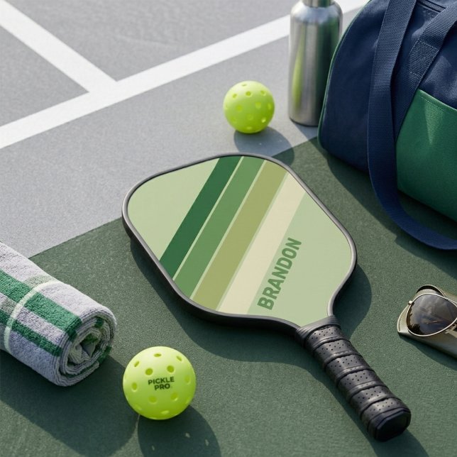 Sage Forest Green Diagonal Stripes Custom Name Pickleball Paddle (Creator Uploaded)