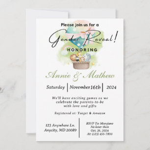 Sage Gender Reveal Animal Safari in a Hot Air Ball Invitation