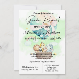 Sage Gender Reveal Animal Safari in a Hot Air Ball Invitation