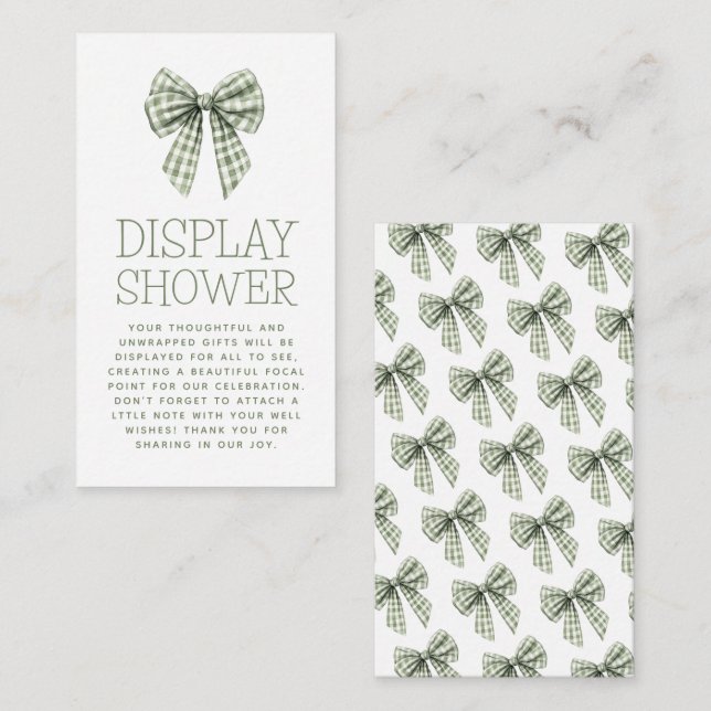 Sage Gingham Bow Picnic Baby Display Shower Enclosure Card (Front/Back)