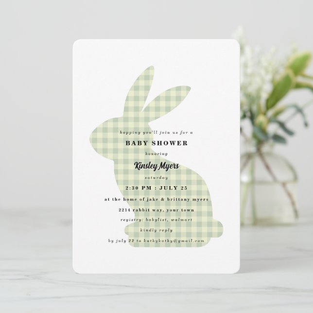 Sage Gingham Bunny Baby Shower Invitation (Standing Front)