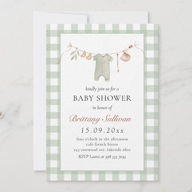 Sage Gingham Cute Boho Baby Clothes Baby Shower  Invitation (Front)