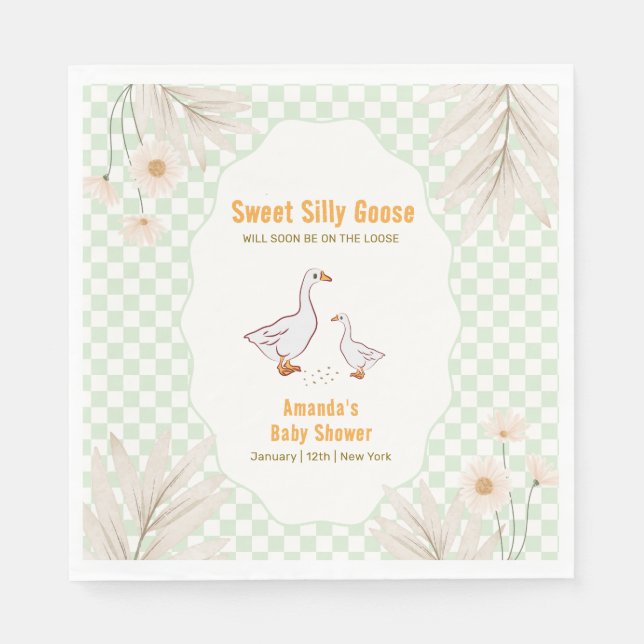 Sage Gingham Daisy Boho Silly Goose Baby Shower  Napkin (Front)