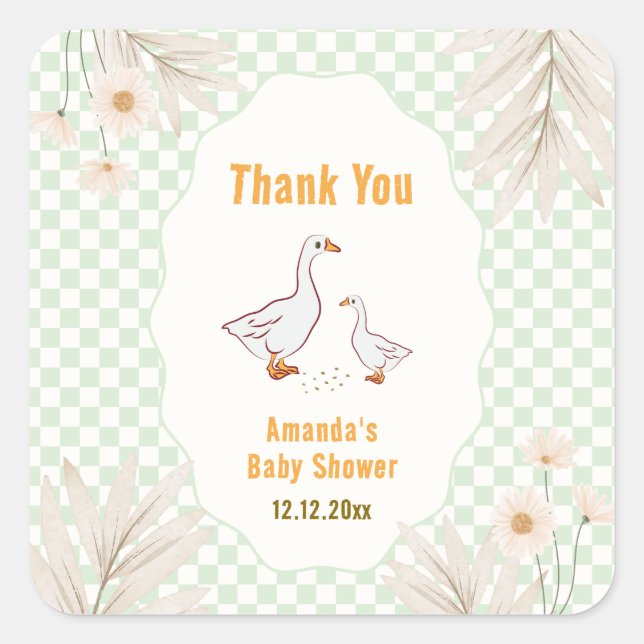 Sage Gingham Daisy Boho Silly Goose Baby Shower  Square Sticker (Front)