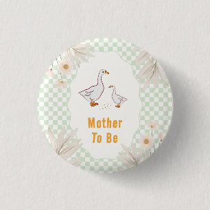 Sage Gingham Daisy Goose Mother To Be Baby Shower 3 Cm Round Badge