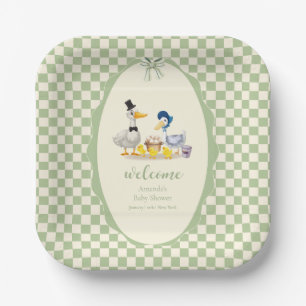 Sage Gingham Duck Family Duck Baby Shower Paper Plate