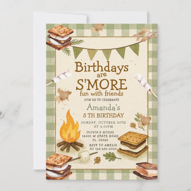 Sage Gingham Fall Camping Bonfire Marshmallow  Invitation (Front)