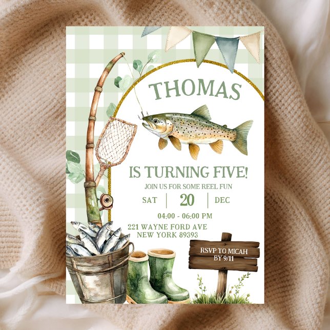 Sage Gingham Fisherman birthday invitation (Creator Uploaded)