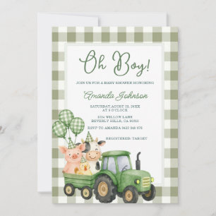 Sage Gingham Green Tractor Baby Shower Invitation