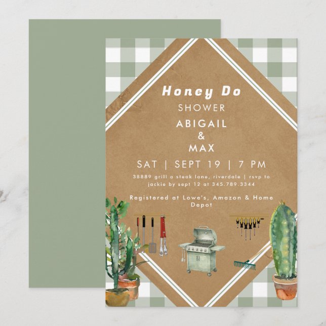 Sage Gingham Honey Do Shower Invitation (Front/Back)