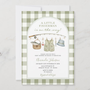 Sage Gingham Little Fisherman Baby Shower Invitation