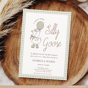 Sage Gingham Little Silly Goose Baby Shower Invitation