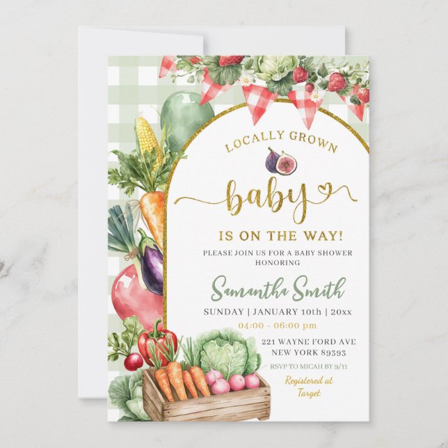 Sage Gingham locally grown vegetables baby shower Invitation (Front)