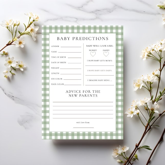 Sage Gingham Predictions Baby Shower Game Card (Creator Uploaded)