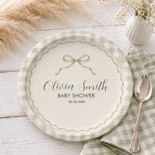 Sage Gingham Rabbit Baby Shower Paper Plate