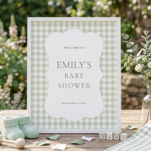 Sage Gingham Scalloped Border Welcome Baby Shower Poster