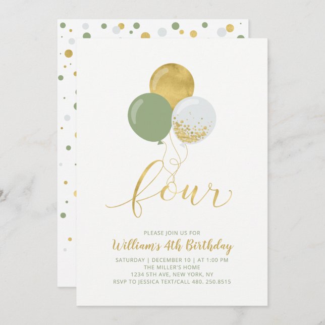 Sage & Gold Balloons Four 4th Birthday Party Invitation (Front/Back)