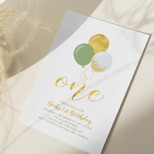 Sage & Gold Balloons   One 1st Birthday Party Invitation