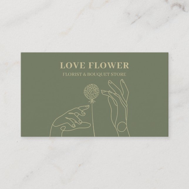Sage Gold Blush Dandelion Flower Hands Business Card (Front)