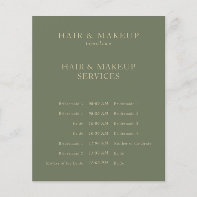 Sage Gold Budget Wedding Hair Makeup Timeline Flyer (Front)