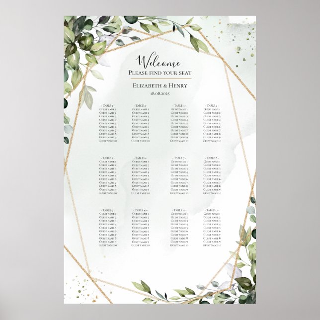 Sage gold eucalyptus boho wedding seating chart (Front)