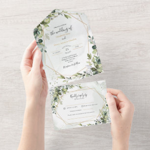 Sage gold eucalyptus geometric wedding invite rsvp