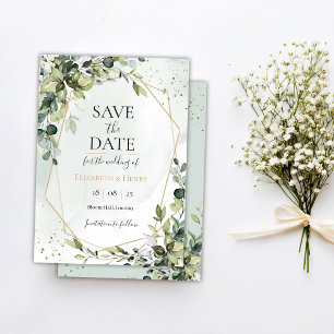 Sage gold eucalyptus geometric wedding save date invitation