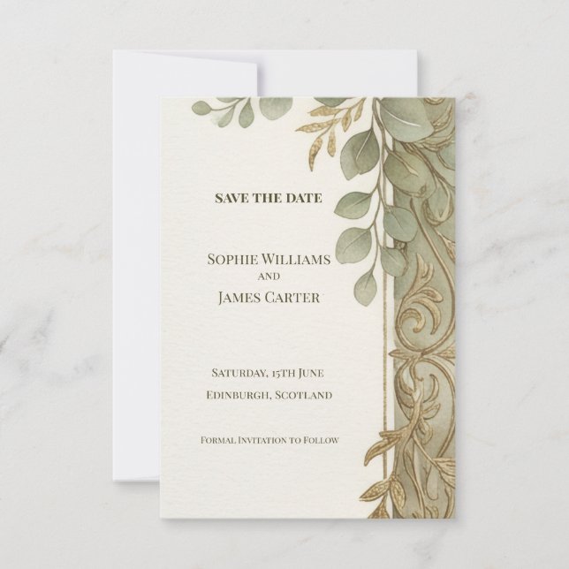 Sage Gold Eucalyptus Save The Date Card (Front)