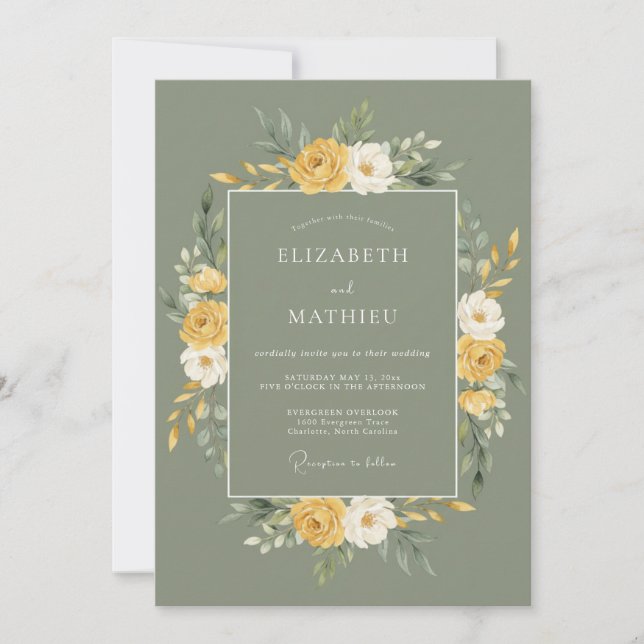 Sage Gold Floral Wedding Invitation (Front)