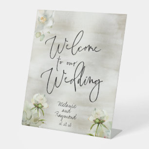 Sage Gold Floral Welcome Our Wedding Handwritten 2 Pedestal Sign