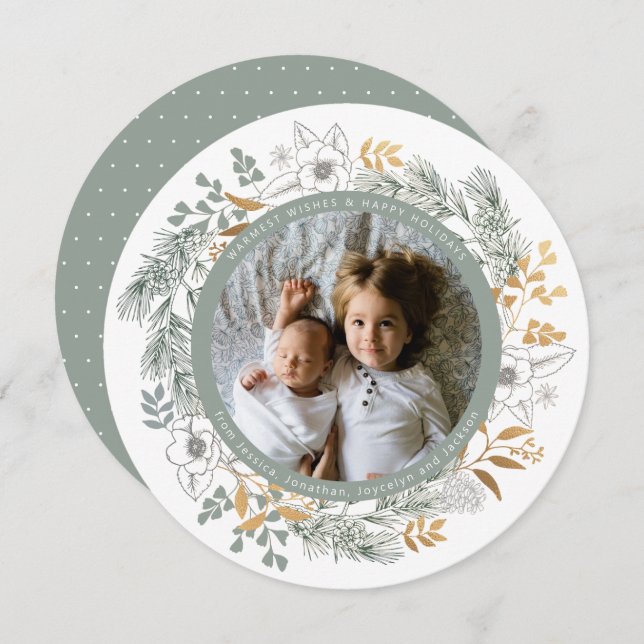 Sage Gold Floral Wreath Custom Photo Holiday Card (Front/Back)